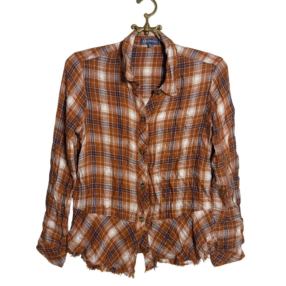 Democracy Womens Small Plaid Peplum Button Down Shirt Burnt Orange‎ B0695IWXT